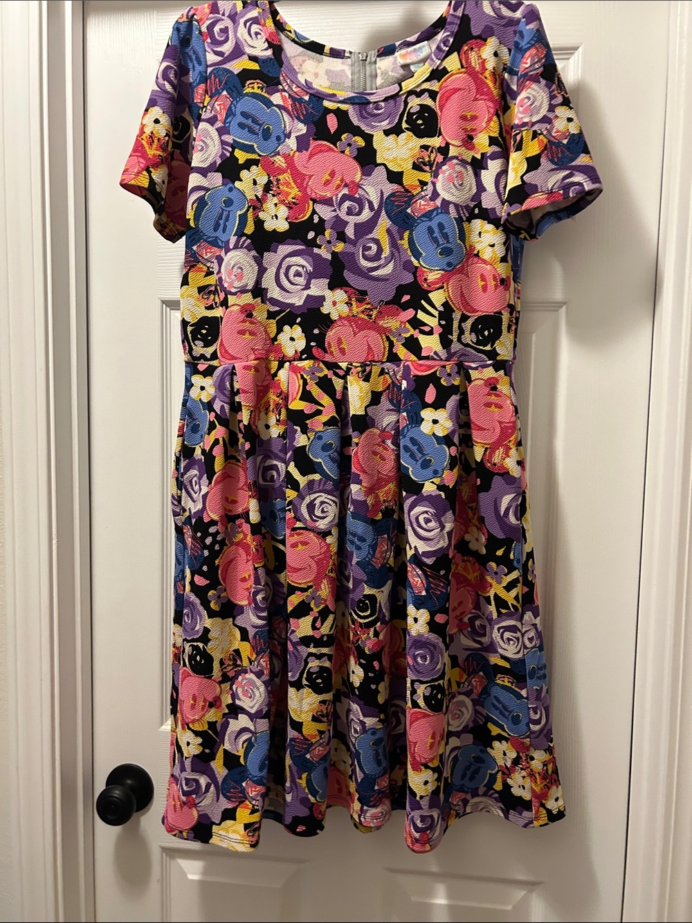 LuLaRoe Short Sleeve Floral & Character Print Dress - Purple Pink Blue Yellow